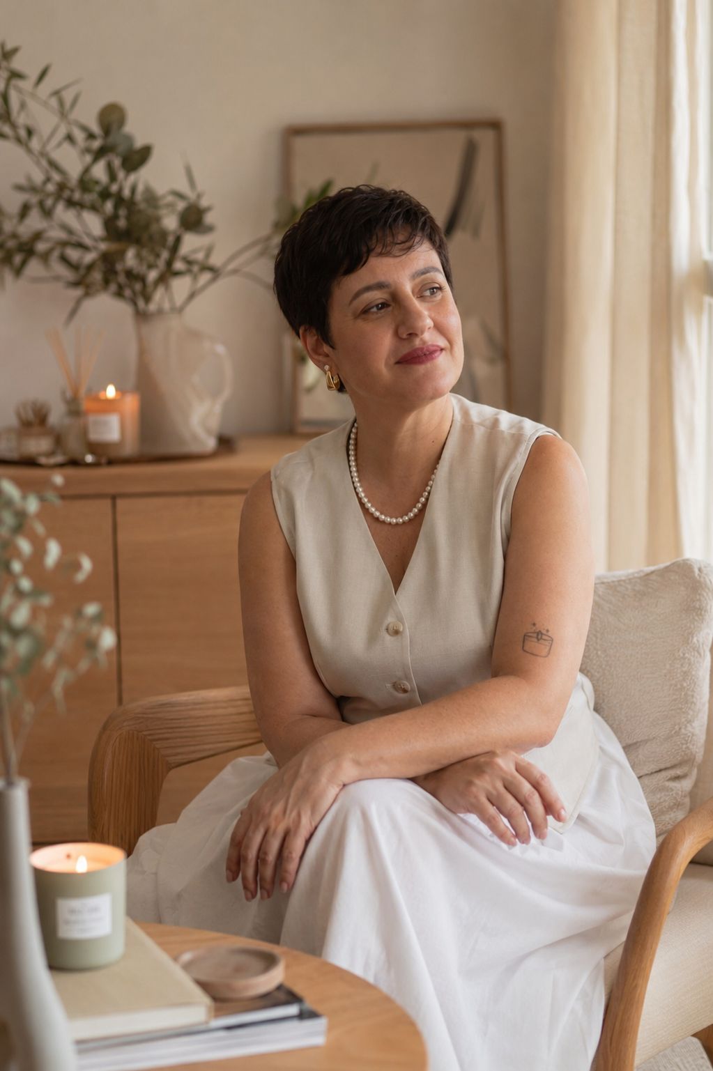 Carla Cristina sentada em ambiente aconchegante