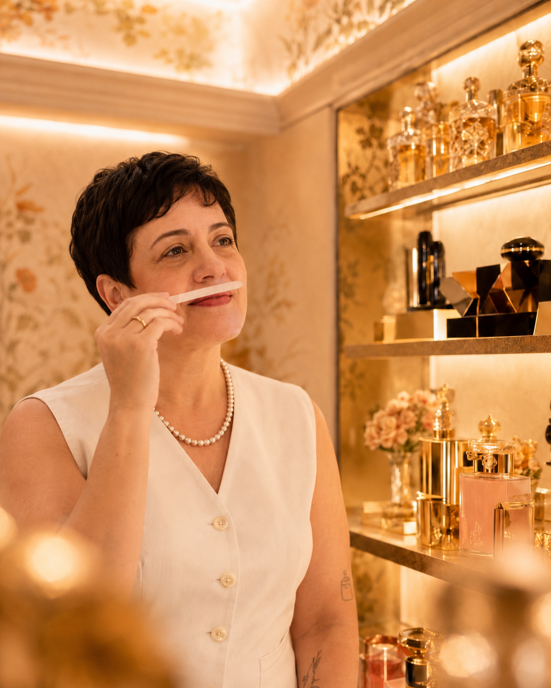 Carla Cristina avaliando uma fita olfativa em sua perfumaria